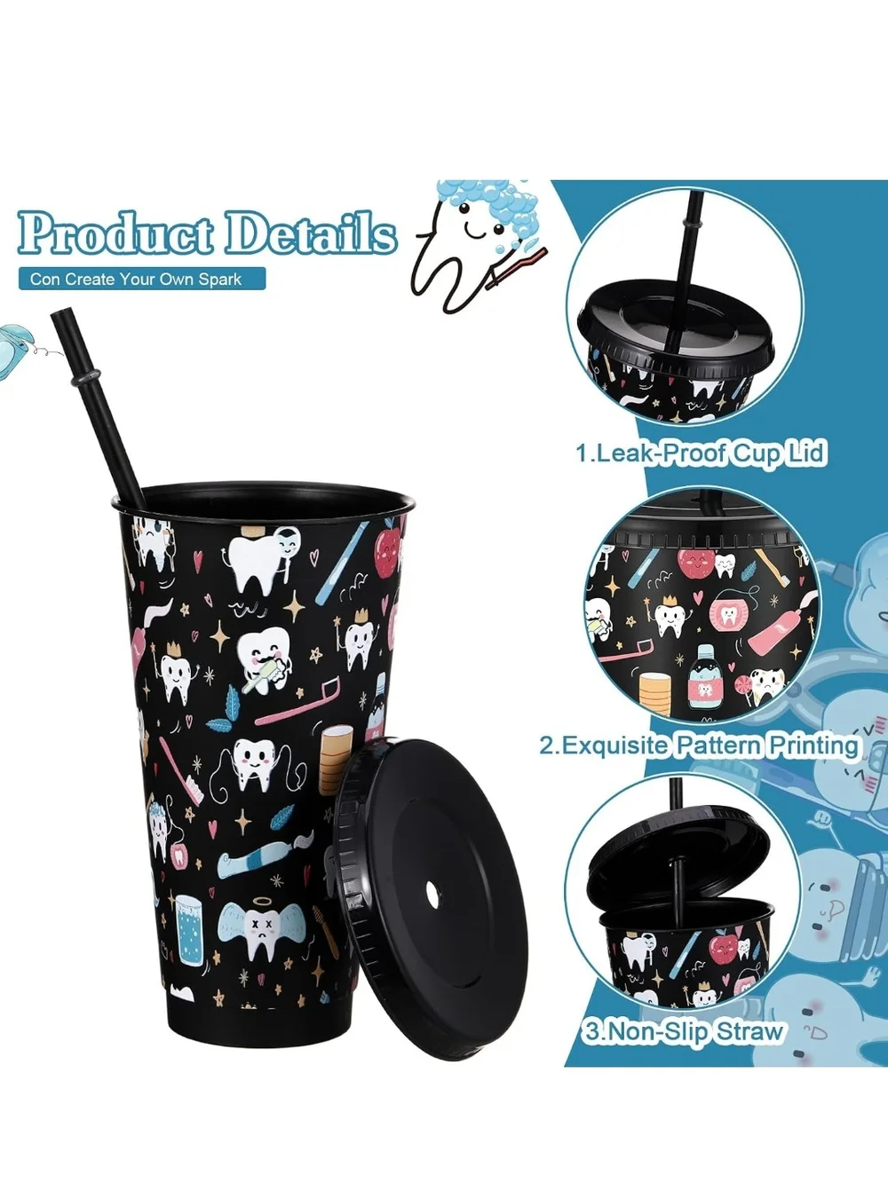 Dental-Themed Reusable Party Cups with Lids & Straws - White